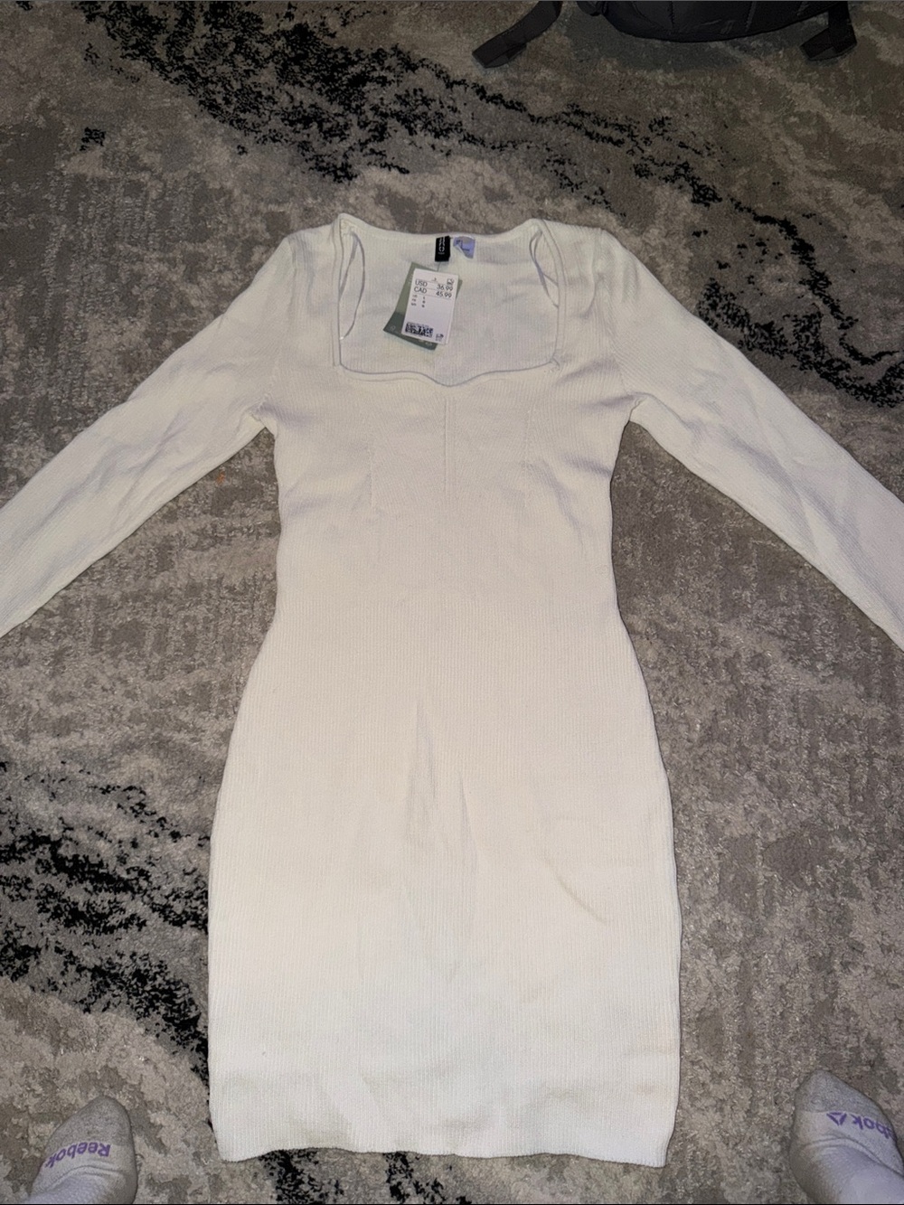 H&M White Ribbed Long Sleeve Square Neck Knit Dress